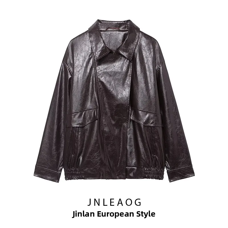 

JNLEAOG Faionable Motorcycle Jaet Women's Autumn New Sle Design Sense Pure Color Loose Fit Warmth Polyester Fiber