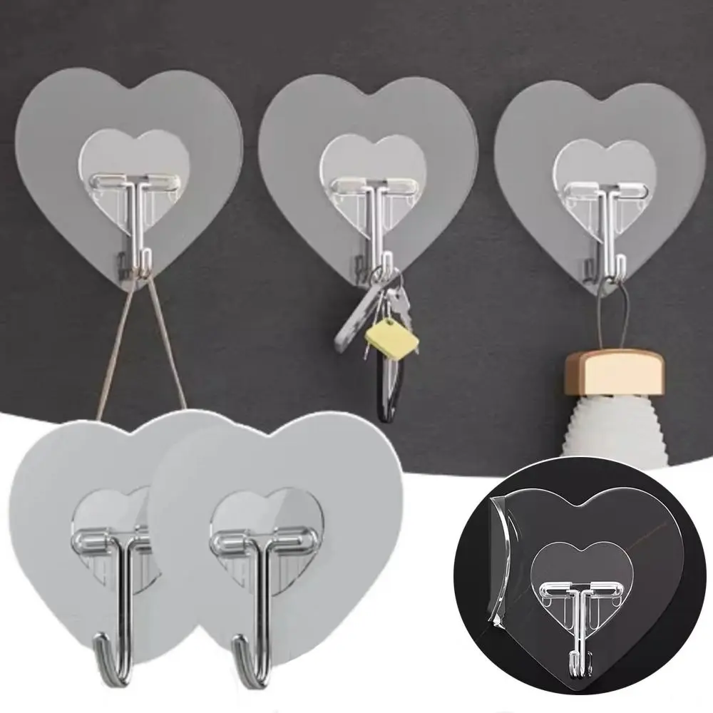 1PCS Self Adhesive Heart-shaped Hooks Transparent Wall Mounted Wall Door Hangers Punch-Free Kitchen Bathroom Accessories