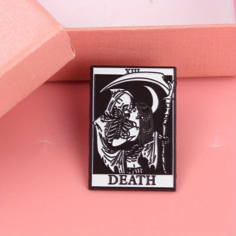 Death's Gothic Embrace - Obsidian Tarot Brooch with Moonlit Scythe & XIII Omen