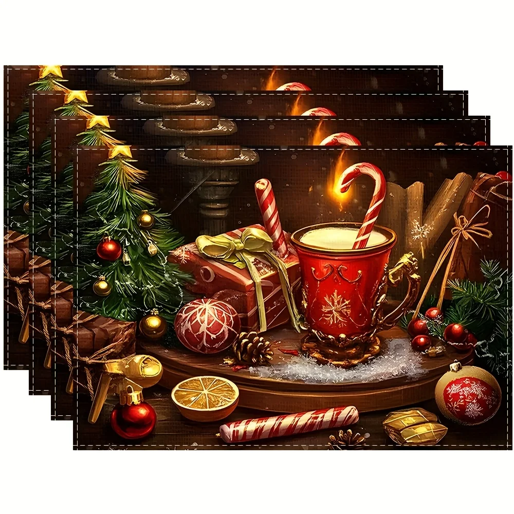 

4pcs Christmas Cozy Scene Placemats Set, 12x18 Inches, Suitable for Kitchen Dining Decor, Home Décor, Family Banquet