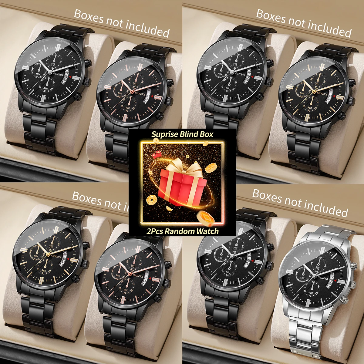 

Surprise Mystery Watch Set Blind Box-2PCS Men Business Watches Set Fashion Calendar Quartz Wristwatch Reloj Hombre（Without Box）