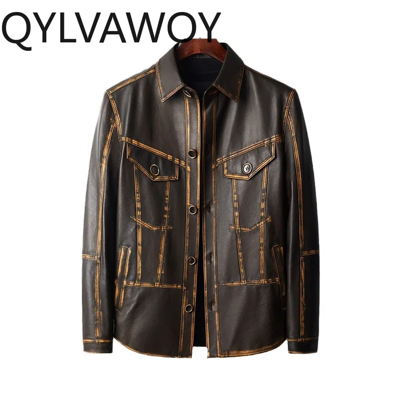 

QYLVAWOY Top Layer Cowhide Real Leather Jackets Man Autumn Winter Jacket Man Leather Coats Lapel Jackets for Man Slim-fit 가죽점퍼