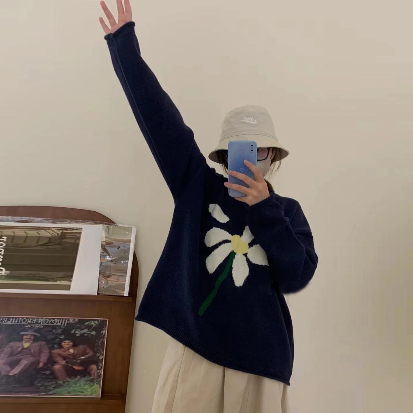 Tops de moda 2025, jerséis para Mujer, ropa de calle de Jacquard Floral, jersey Vintage BF, suéter informal coreano de punto de gran tamaño, suéter para Mujer