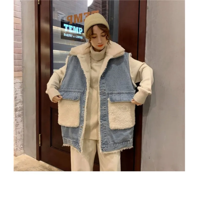 

Vests Women S-5XL BF Style Unisex Denim Patchwork Chic Warm Female Cozy Korean Couple Outwear Winter Sleeveless Vintage Fit