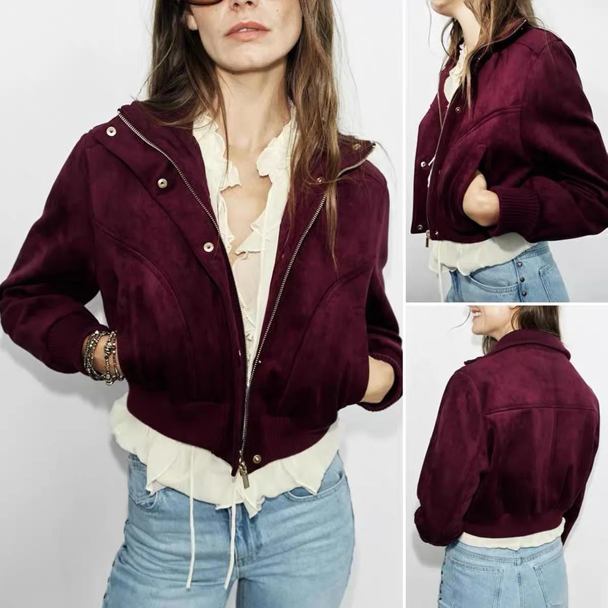 Early Autumn New Arrival Women's Fashionable Versatile Slim Fit Stand Collar Jacket Polyester Fiber Short Coat Zipper Closure