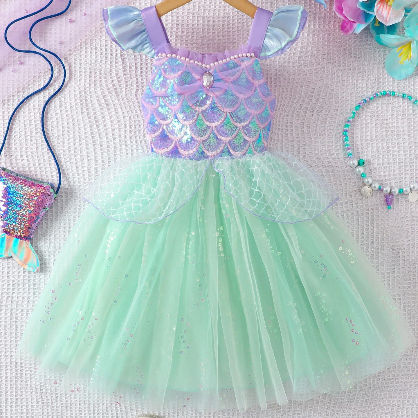 Children Summer Fly SleeveColorful Sequin Mermaid Style Princess Camisole Mesh Tutu Dress For Beach Holiday Party Role Up Wear