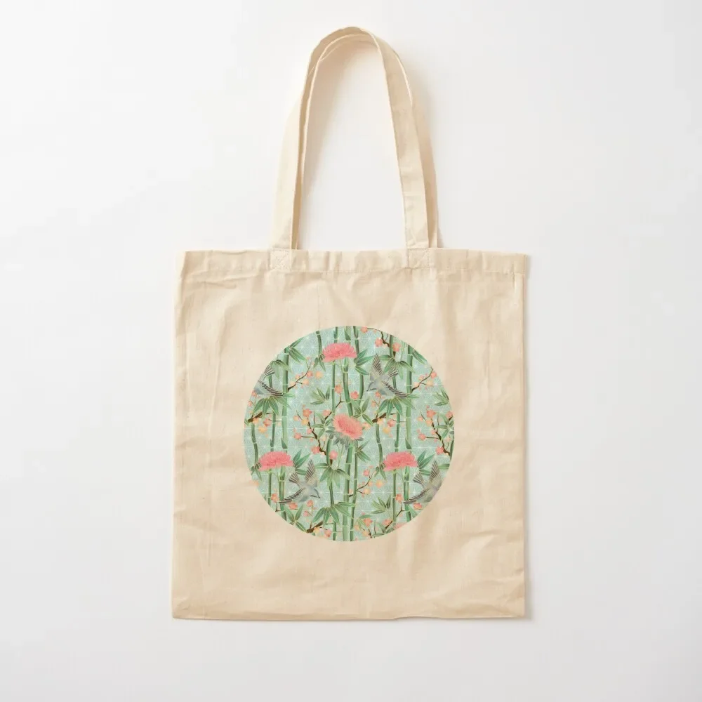 

Bamboo, Birds and Blossom - soft blue green Tote Bag eco bag folding free delivery bags large size bags Tote Bag