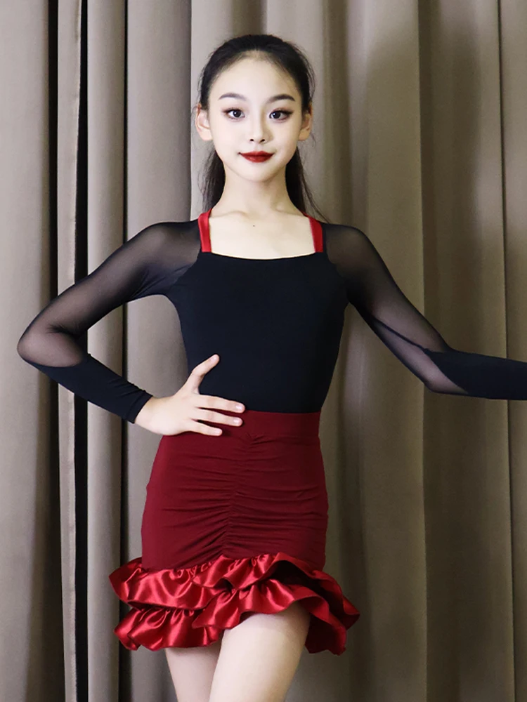 2025 เด็กการเต้นรำแบบละตินเครื่องแต่งกายสำหรับสาวแขนยาวกระโปรงสีแดงชุดซัมบ้า ชาช่า แทงโก้ ลาตินแดนซ์แวร์ XH3499