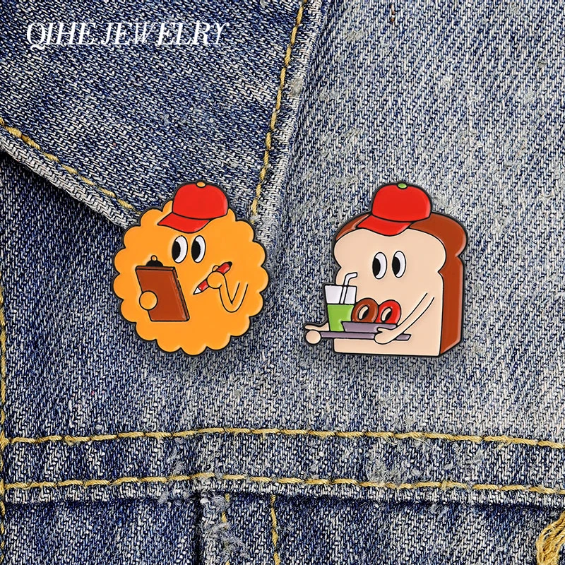 Toast Server And Cookie Recorder Retro Animation Badge Cute Food Worker Character Design Enamel Pin Bag Lapel Badge Jewelry Gift