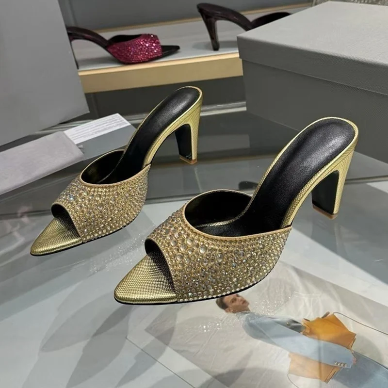 Slippers Summer Bling Bling Rhinestone Thin High-Heels Women Fashion Sexy Versatile Open Toed Lazy Sandals Party Dress Shoes