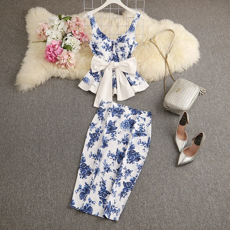 Iridesse Women's Ruffled Sweet Bow Sashes Slim Top + Back Slit Pencil Skirt 2pcs Fashion Suit