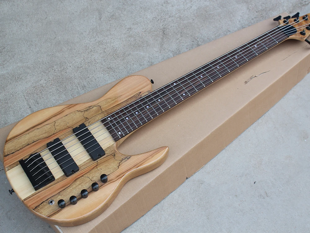 

6 Strings Neck-thru-body Electric Bass Guitar with Spalted Maple Veneer,Black Hardware,24 Frets,Rosewood Fretboard