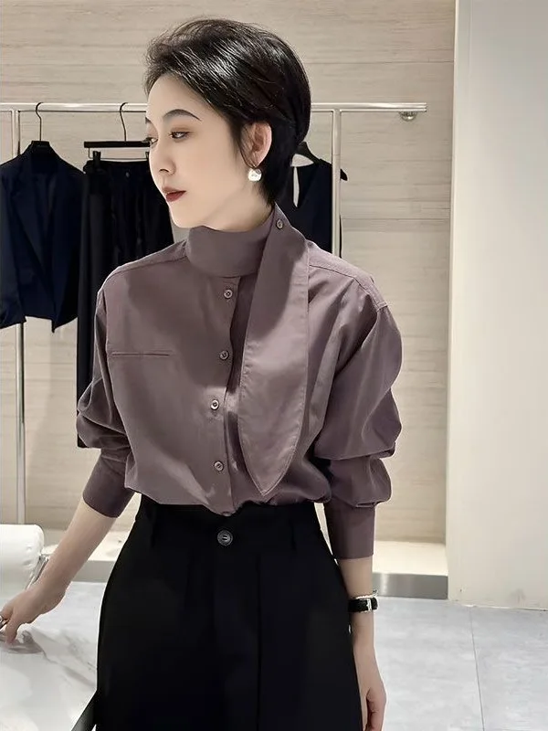 

Ele Stand Collar Sa Long Sve Women's irt Loose Slimming Unique Top Luxury Sle Autumn New Arrival Faionable Cas...