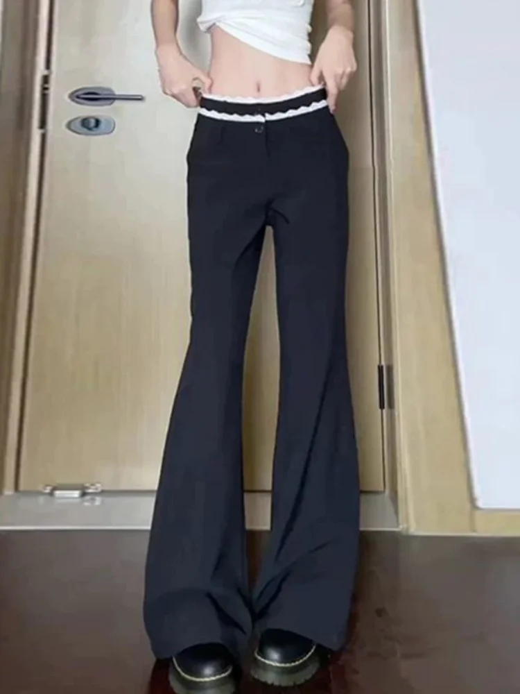 

Брюки-колокольчики в американском стиле ретро с низкой талией, женские зимние брюки 2025 года, новый утягивающий костюм в стиле пэчворк с кружевной отделкой, длинные брюки