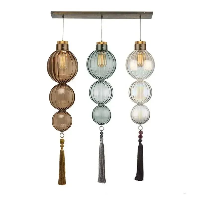 Chinese Style Stained Glass Gourd Tassel Pendant Lights Loft Living Room Kitchen Bedside Lamp Art Deco Indoor Lighting Fixture