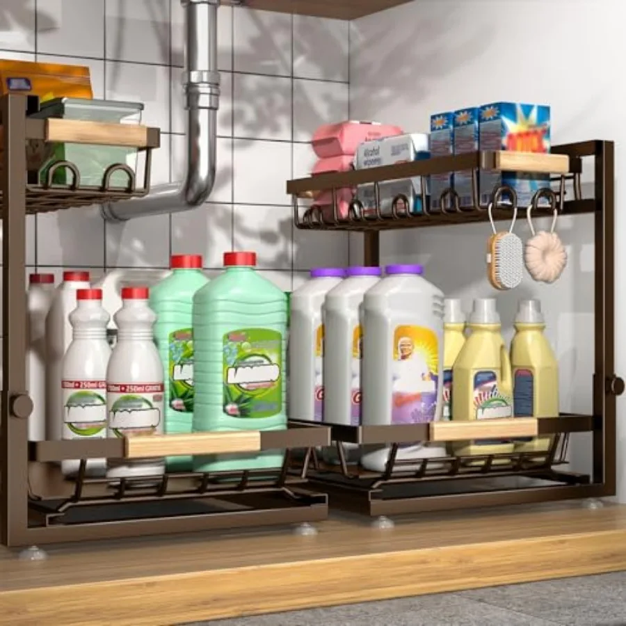 

2 Packs, Height Adjustable 2 Tier Under Kitchen Sink Organizer, Multi-Purpose Storage Shelf for Kitchen Bathroom Cabinet