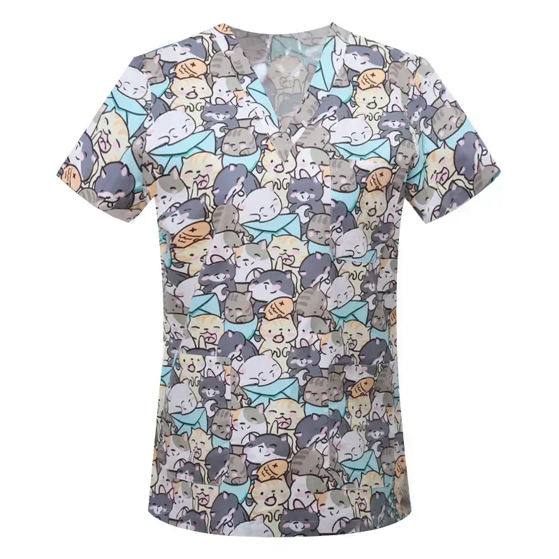 Cartoon Animals Print Pet Clinic Hospital Nursing Scrub Tops Shirts Cotton Dentistry Doctor Blouse Medical Surgical Uniforms