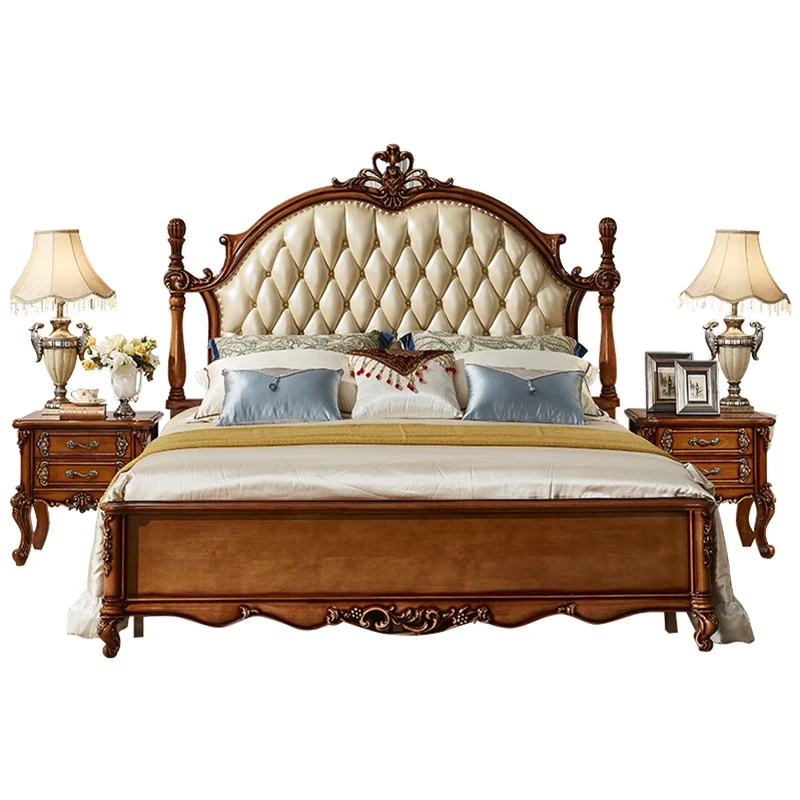 *&American Country Style Solid Wood Modern European Carved Light Luxury Retro Soft Package Bed Wedding Bed Storage Bed