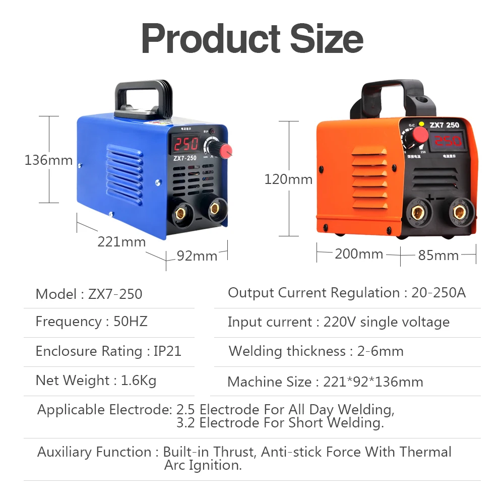 ZX7-250 Portable Mini Arc Welding Machine Handheld DC 220V 20A-200A Pure Copper IGBT Inverter Welding Machine Electric Tools