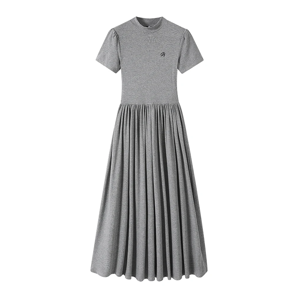 

Women Gray Knit Dress Early Autumn Luxury Knitted Short Sleeve Long Dress Casual Slim Long Dress