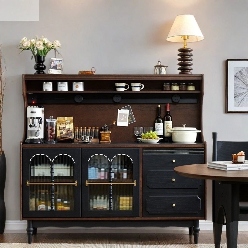 

Living room tea cabinet dining side cabinet light luxury French retro solid wood dining room storage black high-end sense