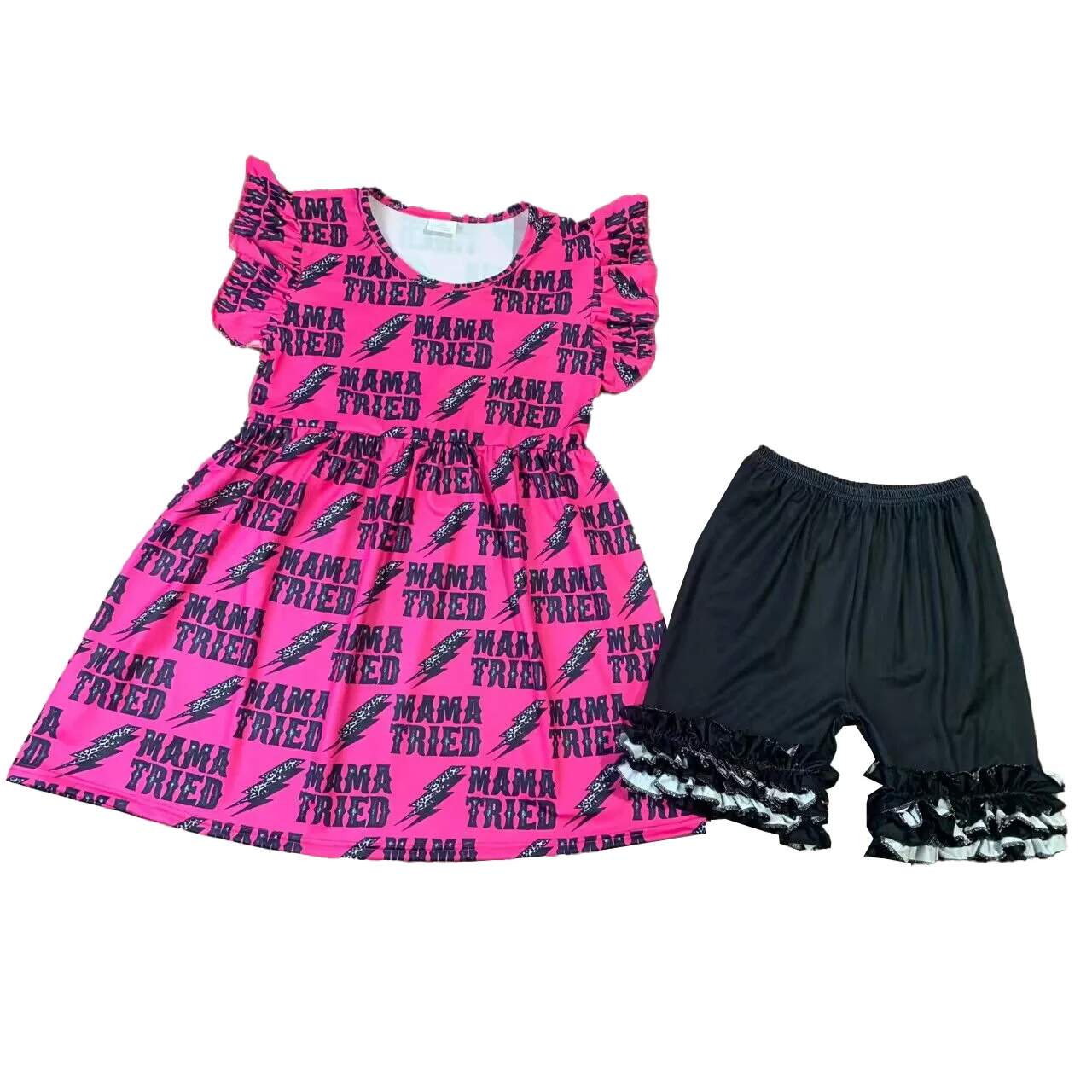 Wholesale Toddler Girls Clothing MAMA TRIED Letter Lightning Print Pearl Sleeve Tunic Top Black Shorts Sets