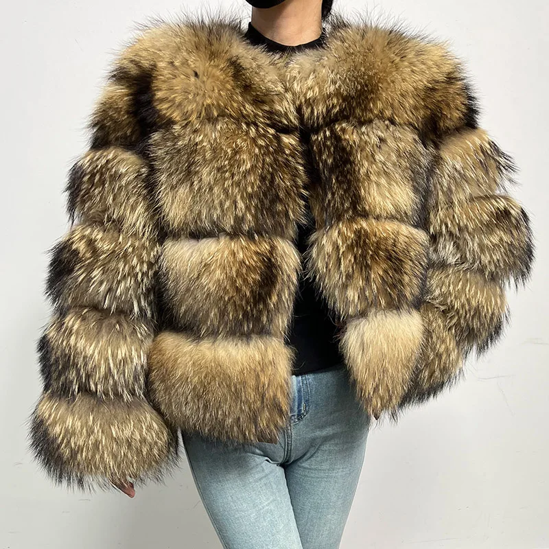 MAOMAOKONG 2024 Natural raccoon Real Fur Coat Women Winter Warm Luxury Fur Jacket Long Sleeve Female Vest Furry Coats clothing