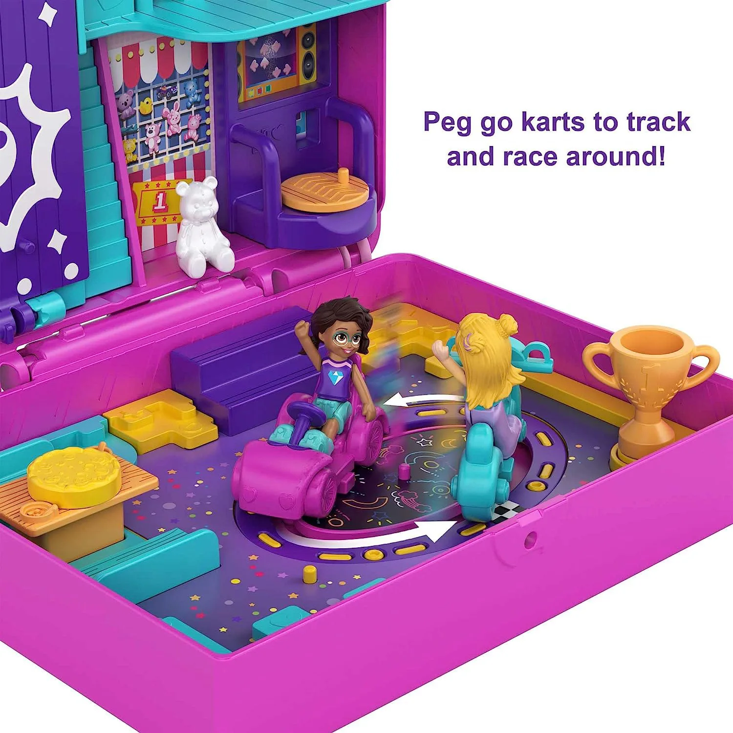 Polly Pocket Compact Playset, Race & Rock Arcade avec 2 micro-poupées et accessoires, Jouets de voyage avec surprise, Révélation des cadeaux de vacances