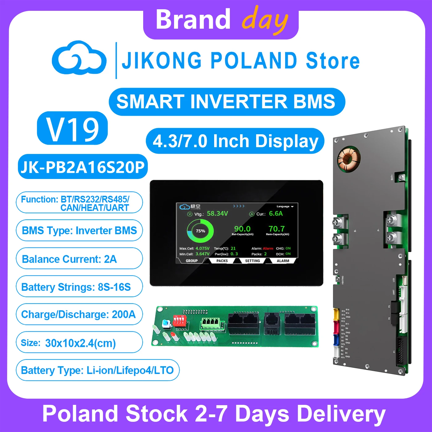 JIKONG V19 onduleur intelligent BMS 8S ~ 16S 24V 48V 200A courant 1A 2A équilibreur actif pour batterie Lifepo4 Li-ion Lto BMS JK-PB2A16S20P