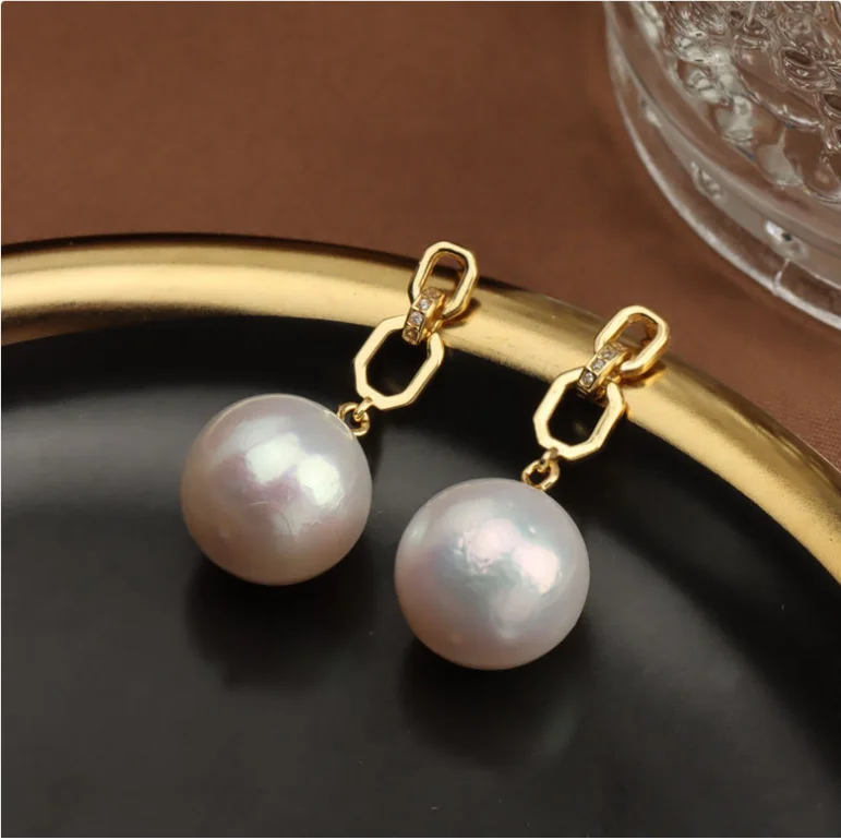 New Product 12-13mm Natural Freshwater Round Pearl Earring with 925 Sterling Silver Gold Plated Jewelry for women