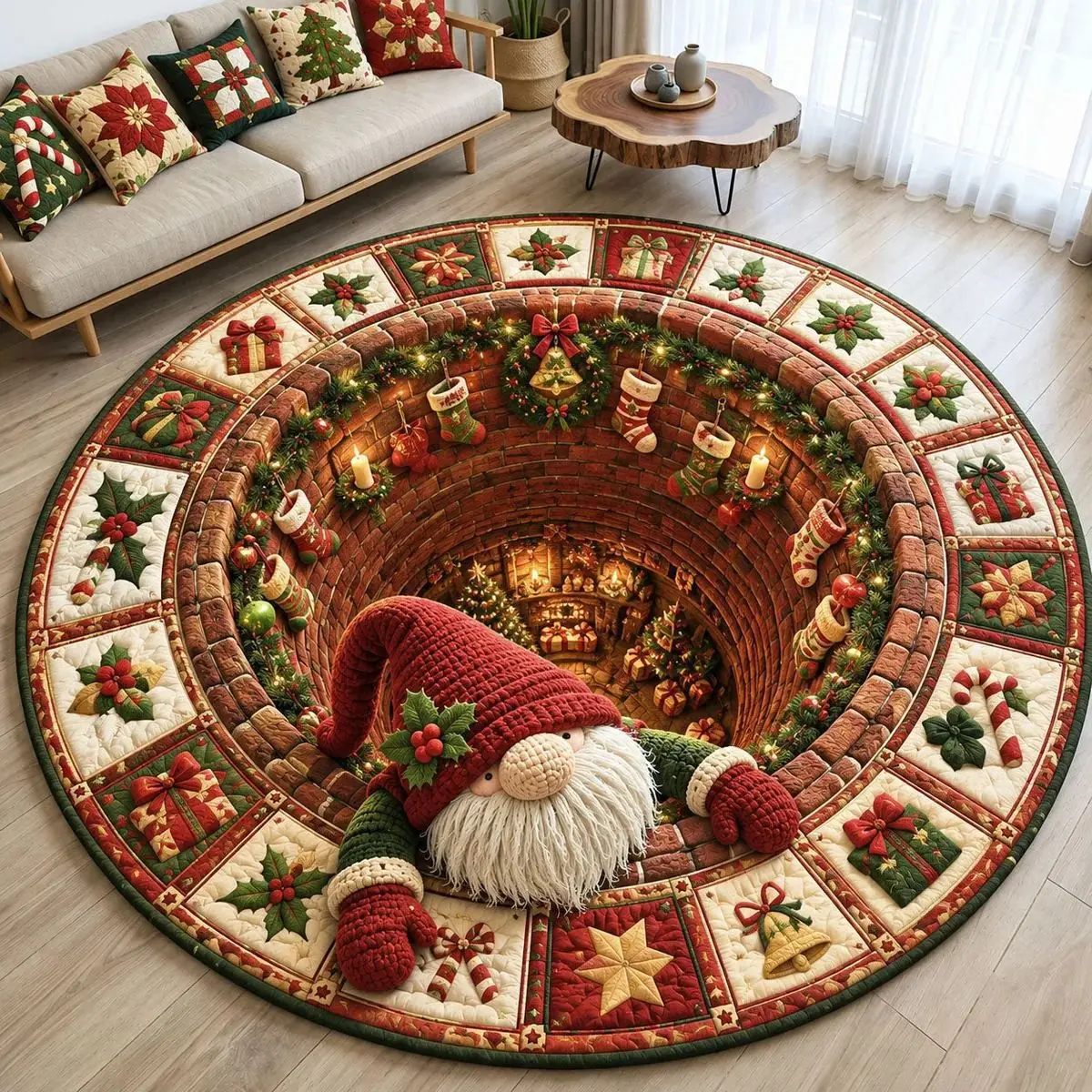 VIKAMA Wreath Gnome Tomte Lantern Holly Round Rug Soft Flannel Non-Slip Bedroom Bedside Living Room Christmas Carpet Cozy Home