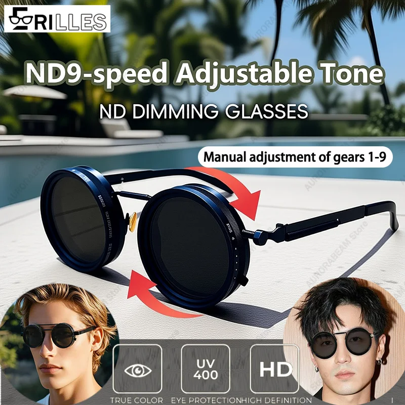 

Adjustable Dimming ND9 Sunglasses Polarized, UV400 Protection Round Frame, for Fishing Gear, Creative Outdoor Travel Accessory