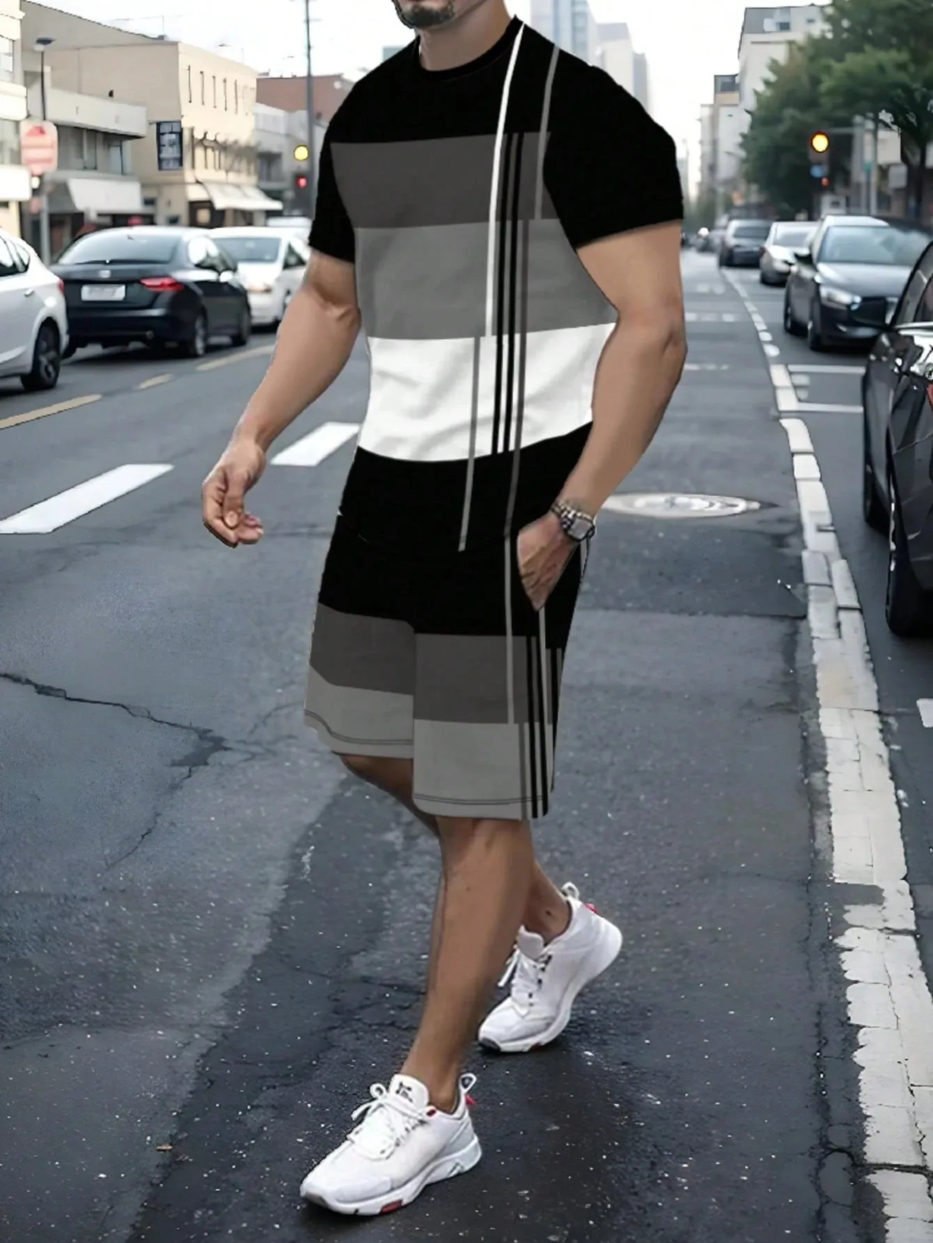 

2026 Summer New Men's Short-Sleeved Set with 3D Stripes Pattern Print - Street Casual Fashion Comfortable and Soft