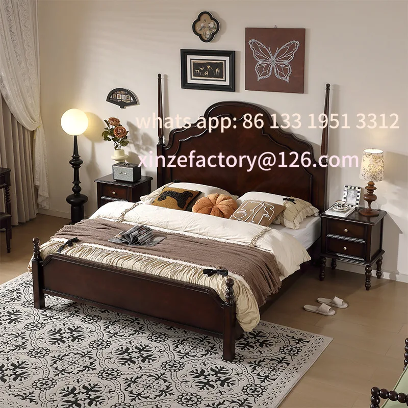 سرير من الخشب الصلب، سرير مزدوج أسود عالي الجودة، سرير فرنسي قديم، بسيط، طراز القرون الوسطى، كبير #4