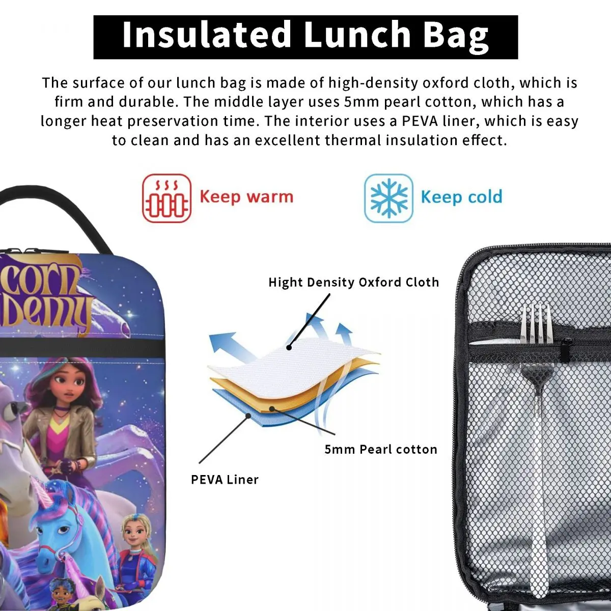 Unicorn Academy Insulated Lunch Bag for Women Children Portable Food Boxes Thermal Lunch Box Tote