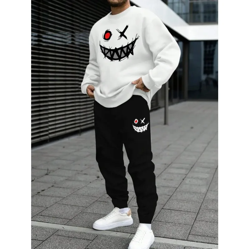 

2025 new fashion brand hooded sweatshirt set, casual loose fit men's sweatshirt, printed smiley face sweatpants, long sleeves