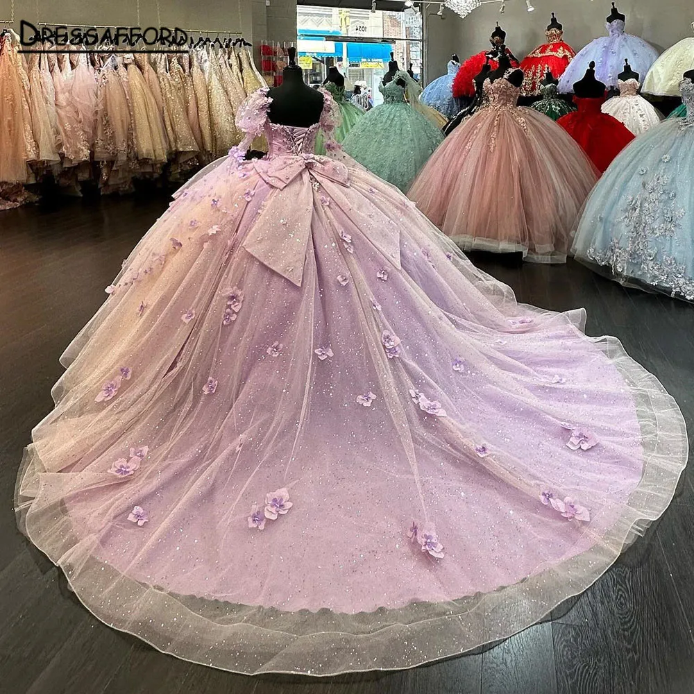 Lilac Puffy Sleeves Ball Gown Quinceanera Dresses Vestidos De 15 Años Quinceañeras With 3D Appliques