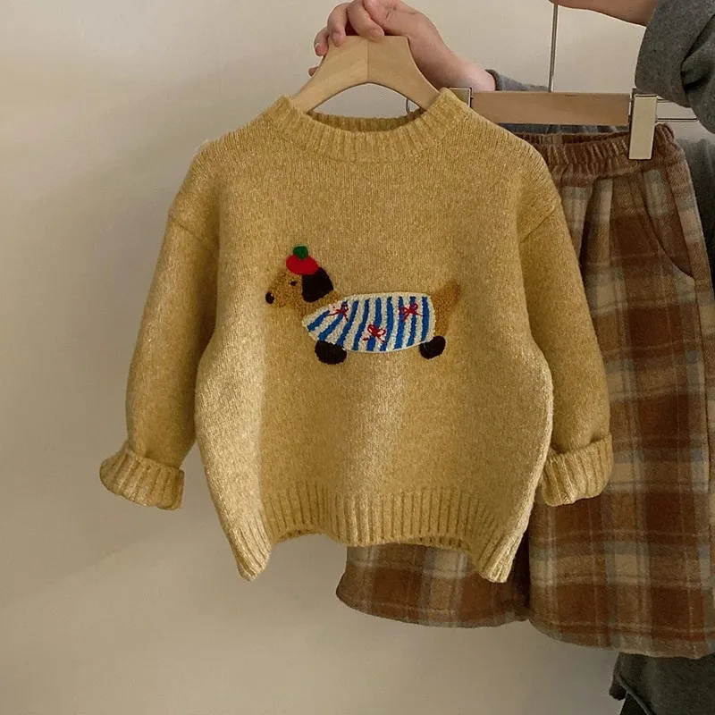 

Girls' Sweater Autumn/Winter New Children's Knitted Sweater Cardigan with Velvet Plaid Pants Two Piece Set