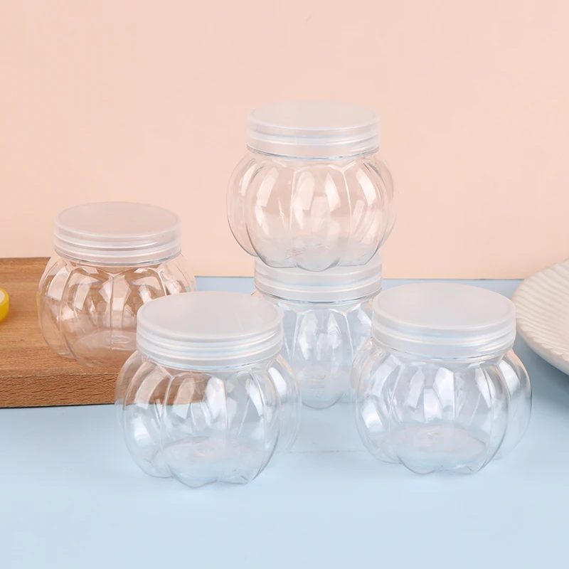 5 Pcs 150ml Pumpkin Jar Transparent Plastic Jar With Lid Candy Cookies Grain Tea Seasoning Storage Container Kitchen Supplies