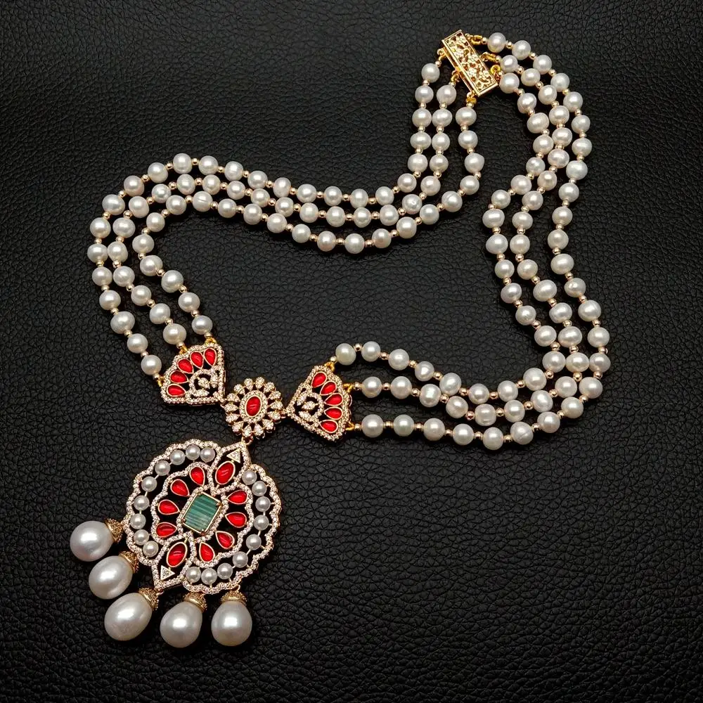 Y·YING 3 Layered Cultured White Pearl Necklace Big Cz Pave Statement Bohemia Necklaces