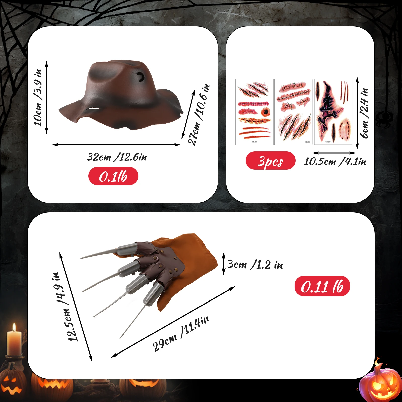 4Pcs Freddy Krueger Costume Women Halloween Nightmare Killer Knitted Dress Hat Gloves Scar Stickers Carnival Costume - Image 4