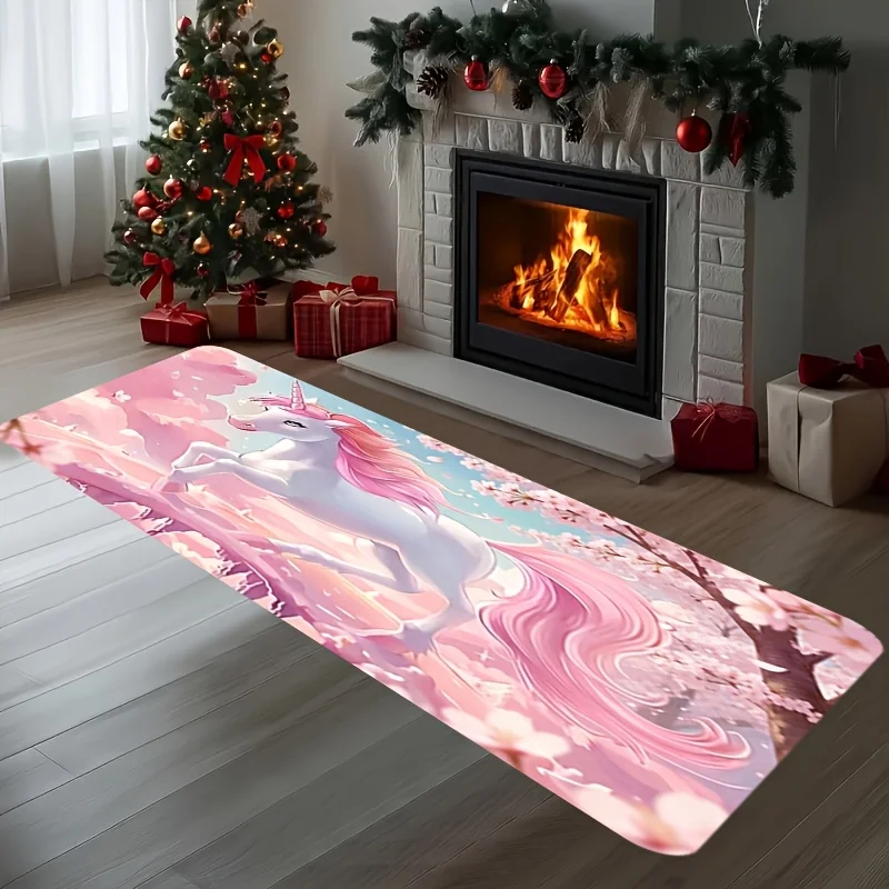Fantasy Unicorn Runner Mat Anti Slip Washable Pink Cherry Blossom Floral Decor Rug Kitchen Bedroom Hall Kids Girls Entry Floor