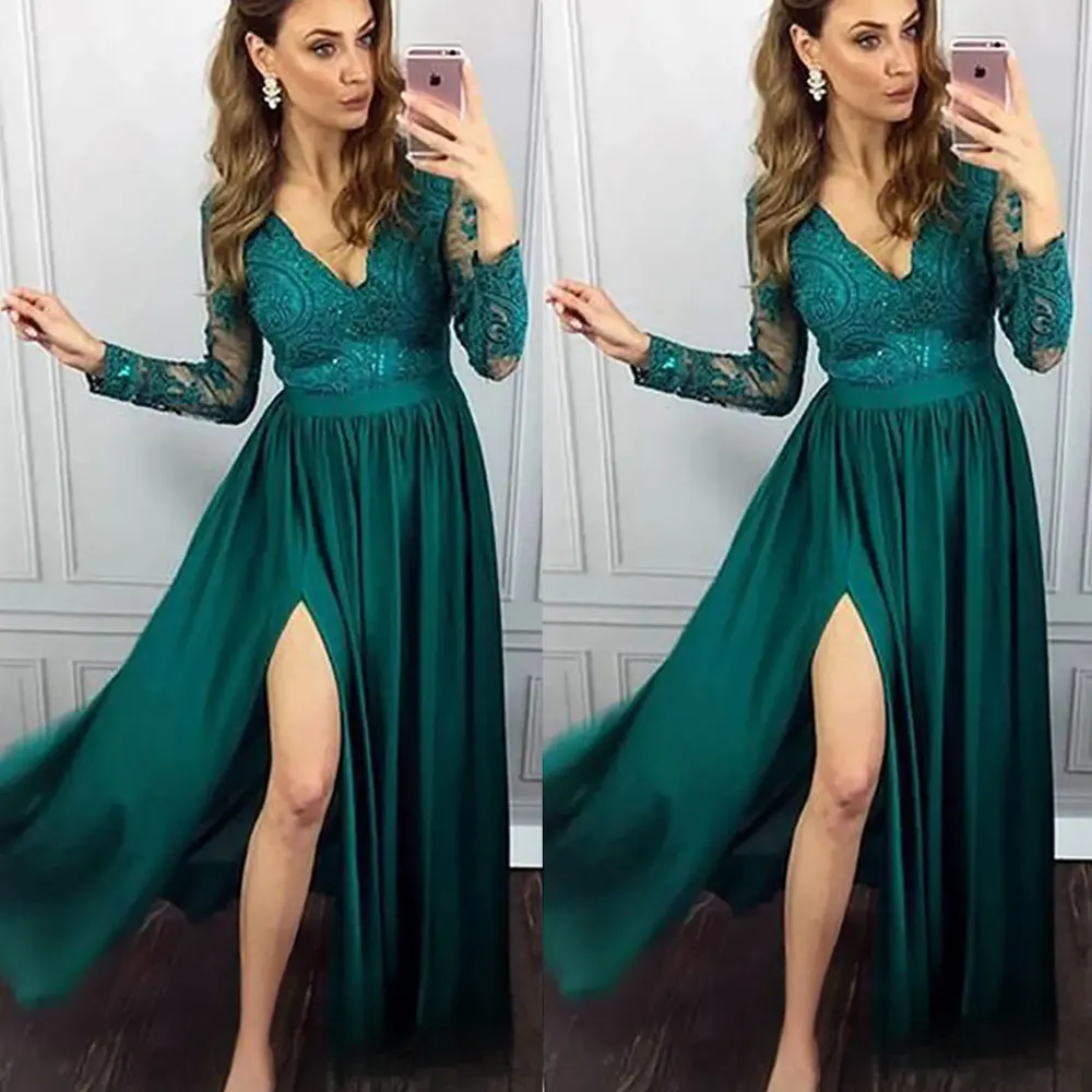 Elegant Emerald Lace Evening Dresses for Women 2024 Mexico Sexy Hollow Out Long Sleeves V Neck Thigh Split Prom Gown Custom Made