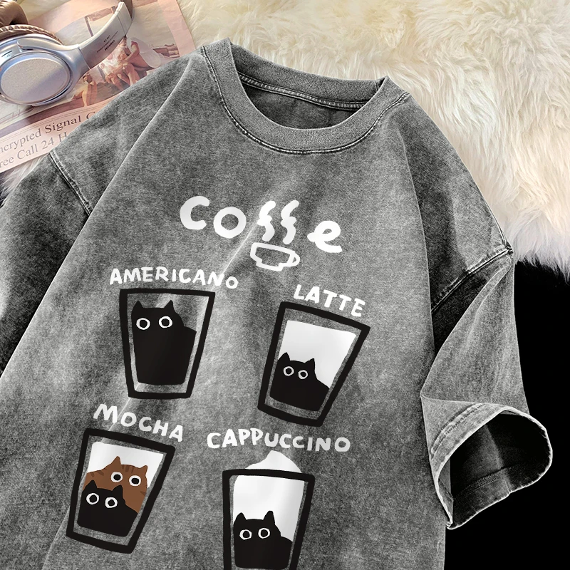 American Retro Trendy Cat Cotton T-shirt Men Women Summer Loose Couple Short Sleeve Tops Harajuku Y2k Vintage Water Washing Tee