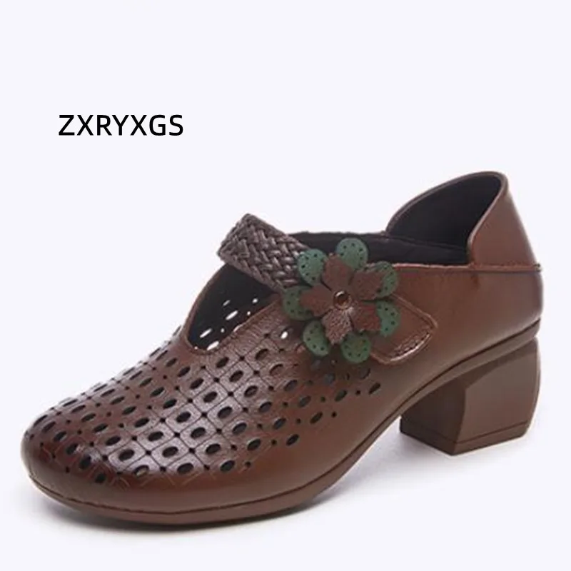 ZXRYXGS Top Layer Cowhide Women Fashion Sandals 2024 New Summer Thick Heel Sandals Soft Sole Anti Slip Breathable Leather Shoes