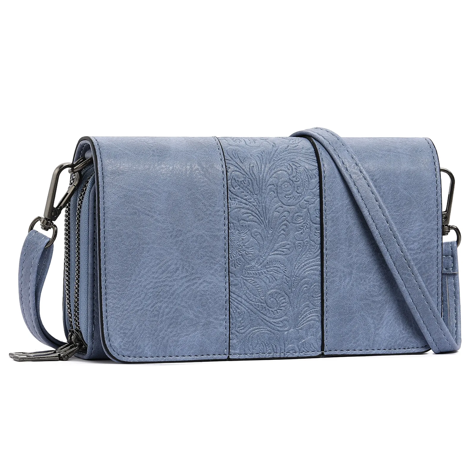 Double Zipper Crossbody Mini Phone Bag Vintage Flower Embossed PU Leather Women's Shoulder Bag Multi-functional Women Wallet