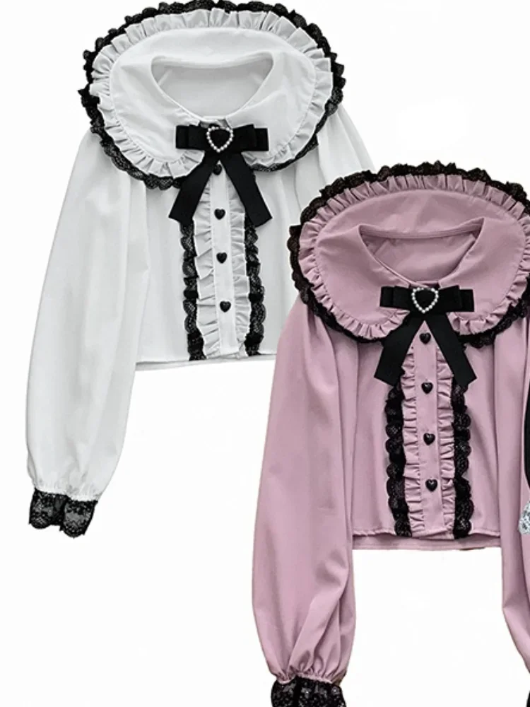 Doce lolita blusas femininas primavera verão moda japonesa harajuku laço arco camisas de manga longa feminino kawaii topos blusas
