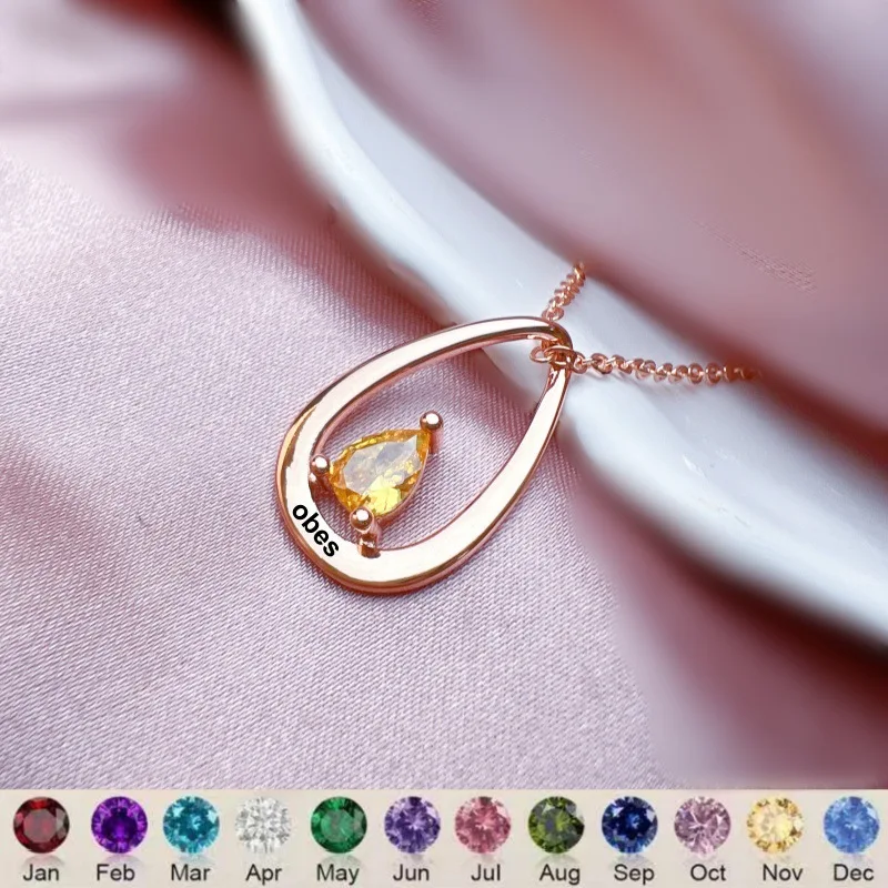 DOREMI New Pear shaped December Birthday Stone Water Drop shaped Necklace Pendant Engraved Necklace