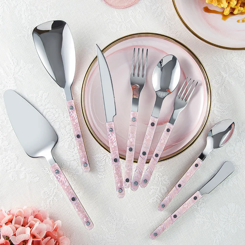 Pink Flow Colors Stanless Steel Cutlery Set Acrylic Clip Handle Spoons, Knifves and Forks French Tableware Pretty for Kitchen