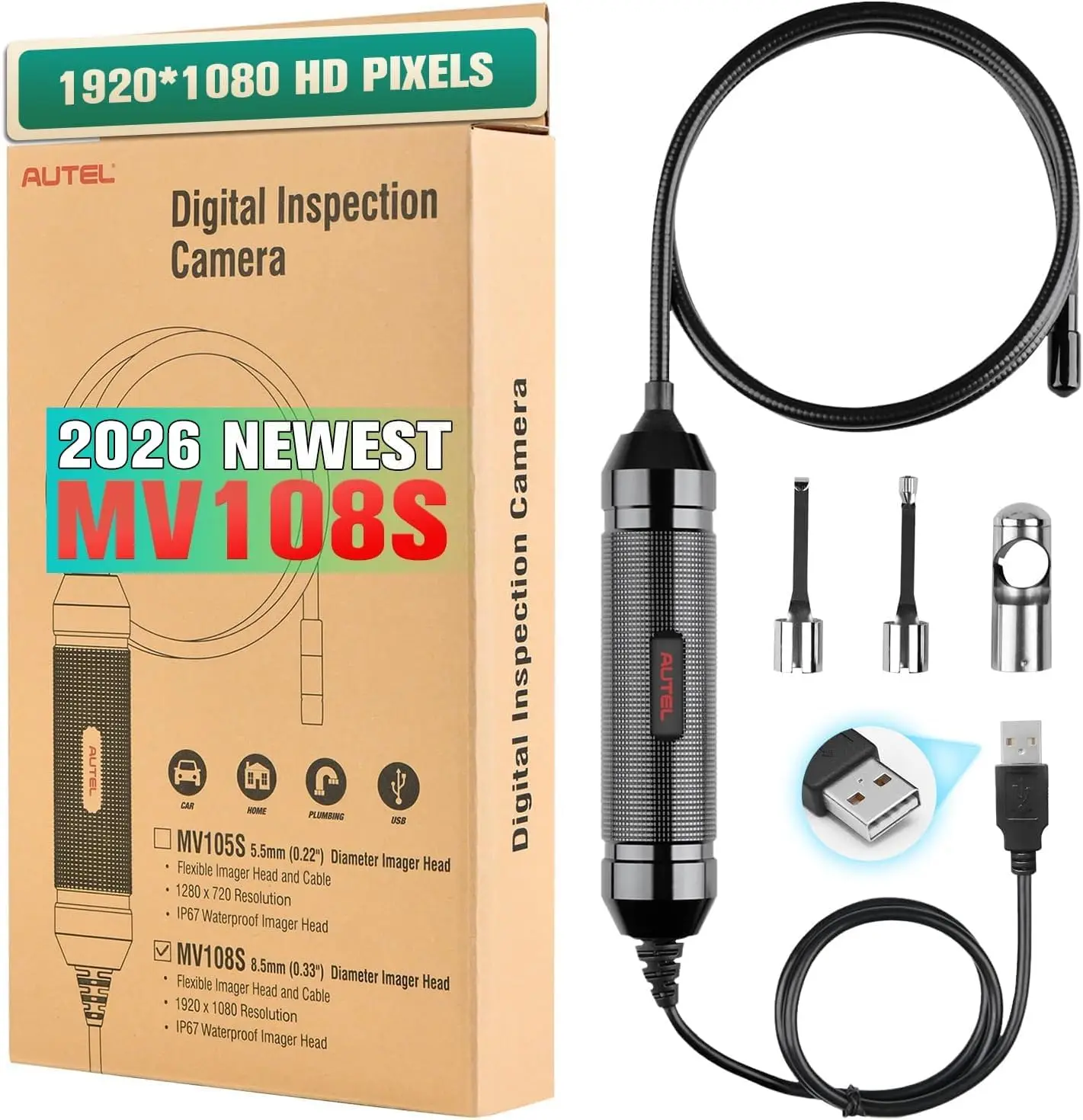 Autel MaxiVideo MV108S Digitale Inspektionskamera 8,5mm USB Industrie-Endoskop IP67 Wasserdicht 1920x1080 HD Boroskop-Kamera